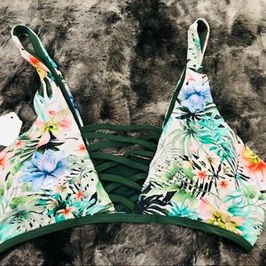 CUTE FLORAL STRINGS BIKINI GREEN WHITE TOP BATHING SUIT